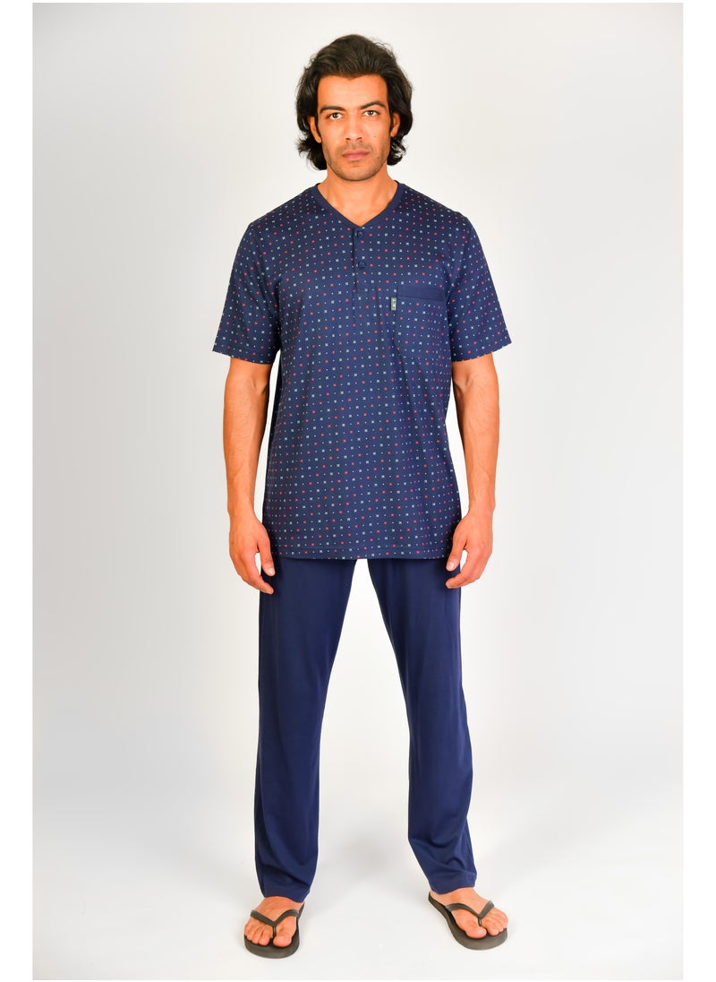 Jet - Jet Men Summer Pajama Set Printed Top & Plain Bottom - Navy  Blue - Image 1