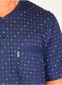 Jet Jet Men Summer Pajama Set Printed Top & Plain Bottom - Navy  Blue  - Image 3