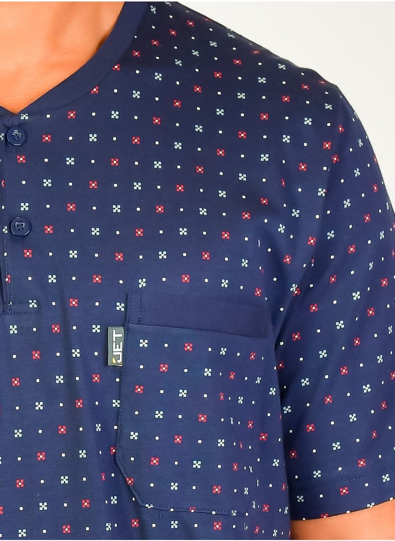 Jet - Jet Men Summer Pajama Set Printed Top & Plain Bottom - Navy  Blue - Image 1