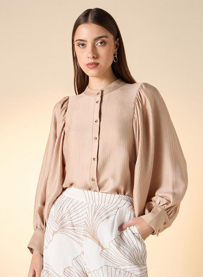 ايكونيك قميص بارز الملمس بياقة ماندارين وأكمام طويلة من آيكونيك - Image 1