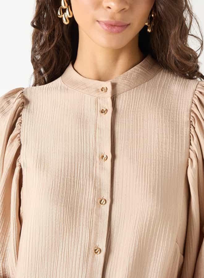 ايكونيك قميص بارز الملمس بياقة ماندارين وأكمام طويلة من آيكونيك - Image 4