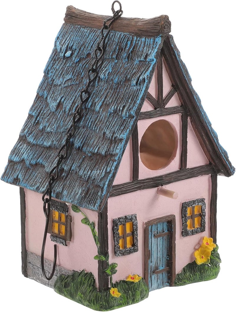 Happyyami Resin Bird Nesting Box Hanging Outdoor Birdhouse for Garden Backyard with Pink Straw Roof Warm Sleeping Nest Decoration - Image 1