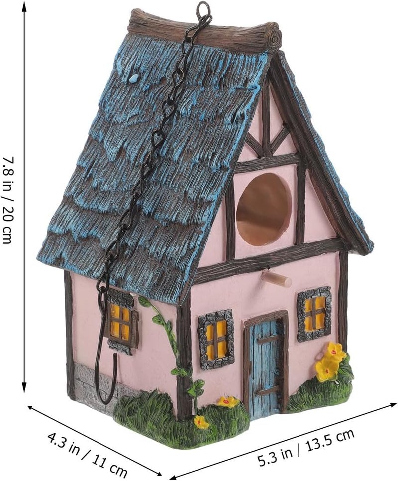 Happyyami Resin Bird Nesting Box Hanging Outdoor Birdhouse for Garden Backyard with Pink Straw Roof Warm Sleeping Nest Decoration - Image 2