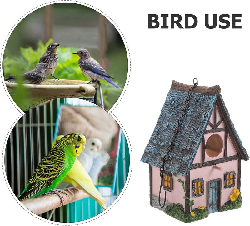 Happyyami Resin Bird Nesting Box Hanging Outdoor Birdhouse for Garden Backyard with Pink Straw Roof Warm Sleeping Nest Decoration - Image 3