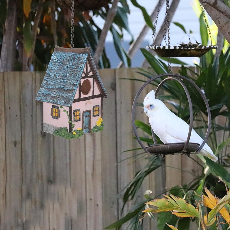 Happyyami Resin Bird Nesting Box Hanging Outdoor Birdhouse for Garden Backyard with Pink Straw Roof Warm Sleeping Nest Decoration - Image 5