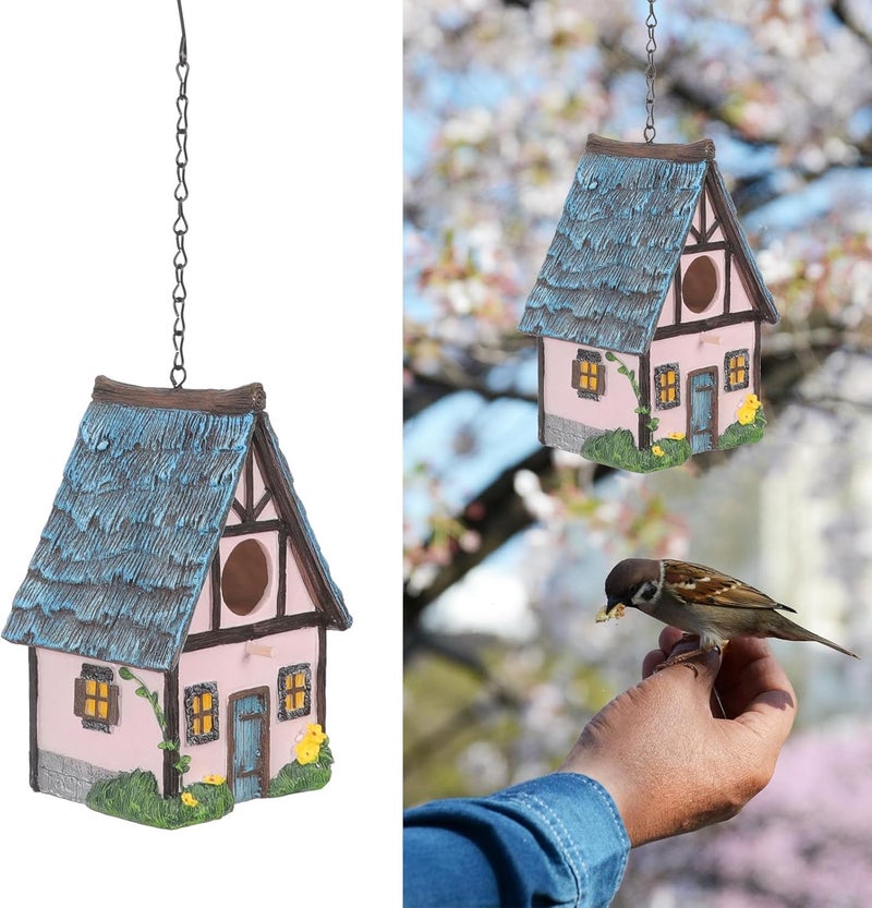 Happyyami Resin Bird Nesting Box Hanging Outdoor Birdhouse for Garden Backyard with Pink Straw Roof Warm Sleeping Nest Decoration - Image 4