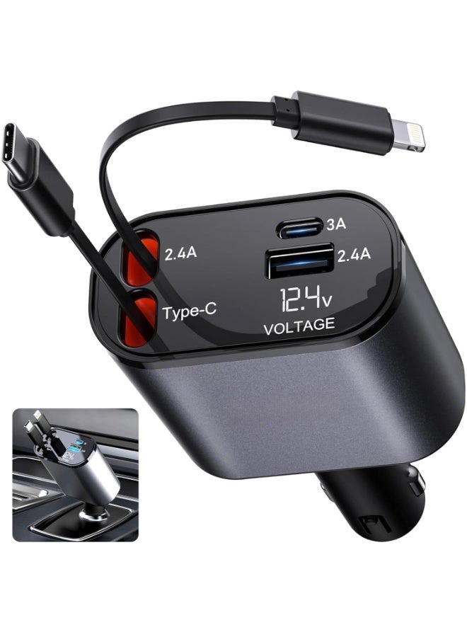 Norelle 4-in-1 Fast Car Charger with Built-in Lightning & Type-C Cables, Digital LED Voltage Display, USB + Type-C Multi-Port Smart Car Charger, 180° Rotating Design - Image 1