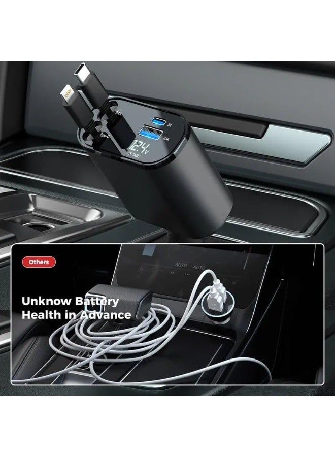 Norelle 4-in-1 Fast Car Charger with Built-in Lightning & Type-C Cables, Digital LED Voltage Display, USB + Type-C Multi-Port Smart Car Charger, 180° Rotating Design - Image 5