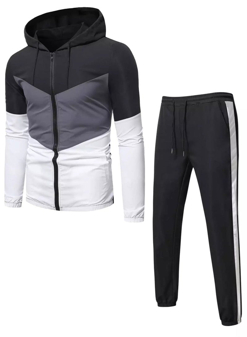 Men Zip Up Cut And Sew Drawstring Hooded Jacket & Sweatpants  - Image 1