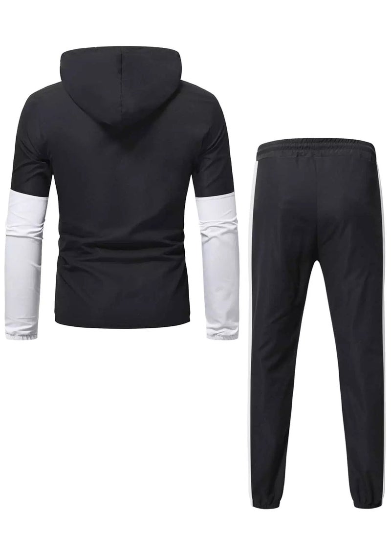 Men Zip Up Cut And Sew Drawstring Hooded Jacket & Sweatpants  - Image 2