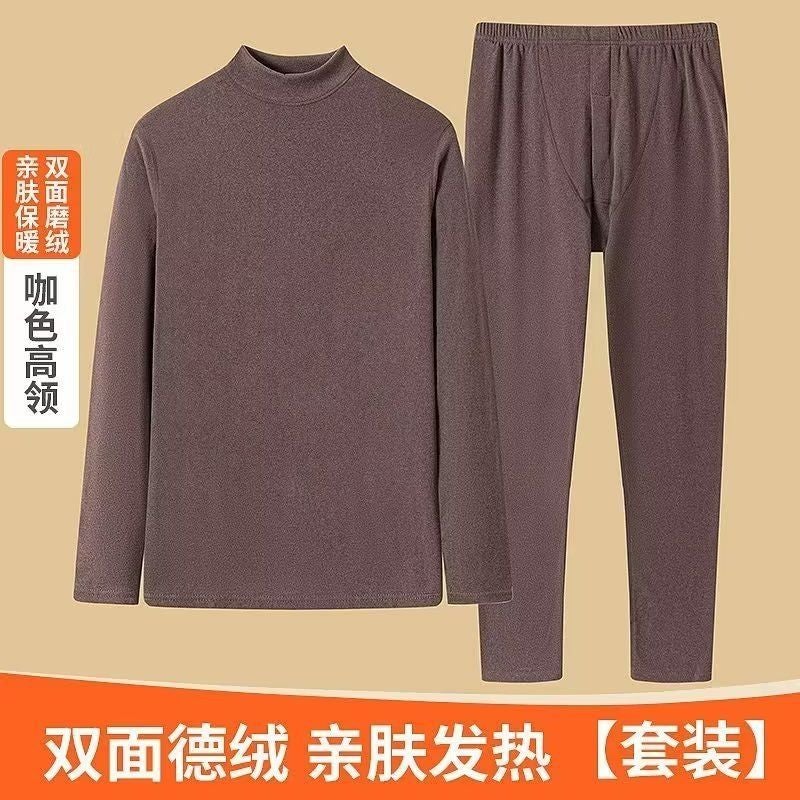 De Velvet Thermal Underwear Suit Men'S Winter Mid-High Collar Cold-Proof Fleece-Lined Thickened Autumn Clothes Long Pants Youth Bottoming Shirt - Image 1