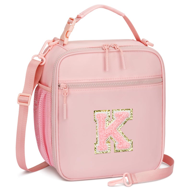 CLOUDWINGS Initial Insulated Lunch Bag for Girls Kids, Back to School Gift, Reusable Leak-proof Lunch Box with Adjustable Strap for School Daycare Travel Picnic (Pink,K) - Image 1