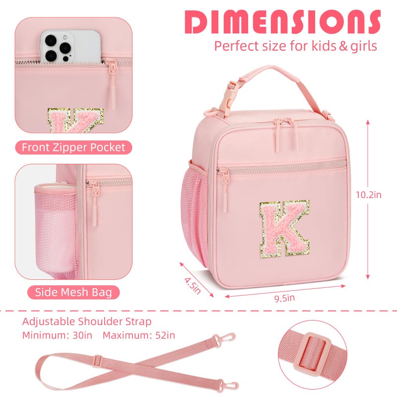 CLOUDWINGS Initial Insulated Lunch Bag for Girls Kids, Back to School Gift, Reusable Leak-proof Lunch Box with Adjustable Strap for School Daycare Travel Picnic (Pink,K) - Image 3