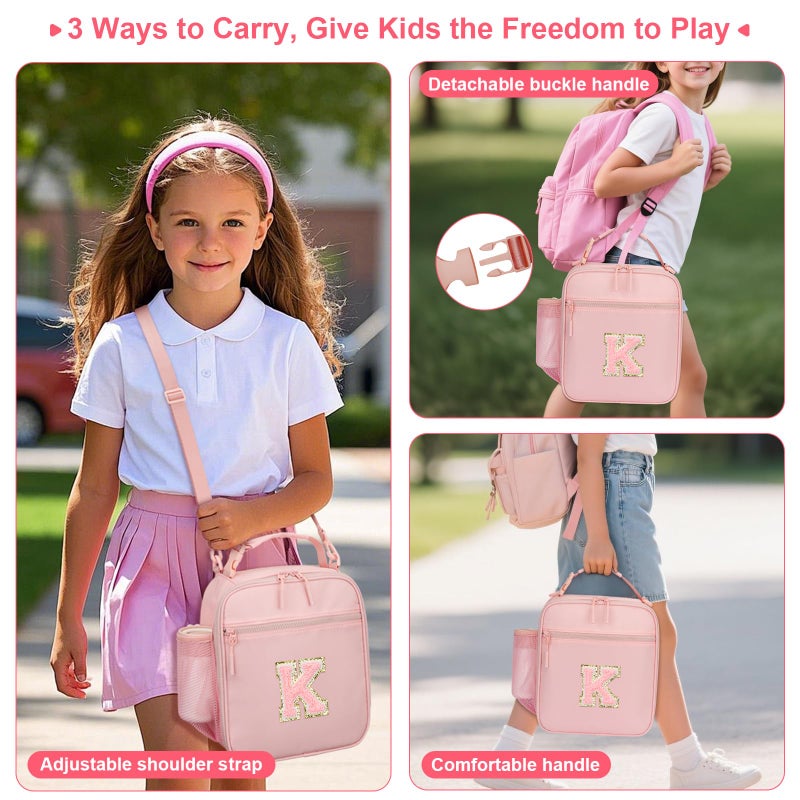 CLOUDWINGS Initial Insulated Lunch Bag for Girls Kids, Back to School Gift, Reusable Leak-proof Lunch Box with Adjustable Strap for School Daycare Travel Picnic (Pink,K) - Image 4