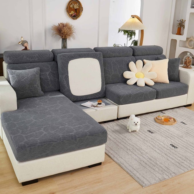 SOFA SEAT CUSHION COVERS HIGH STRETCH NONSLIP COUCH SOFA COVER 1PIECE UNIVERSAL FOR 1 2 3 4 SEATER L SHAPE CHAISE LONGUE SOFA SLIPCOVERS FOR LIVING ROOM DOGS PET 2 SEATER LEAVES GREY