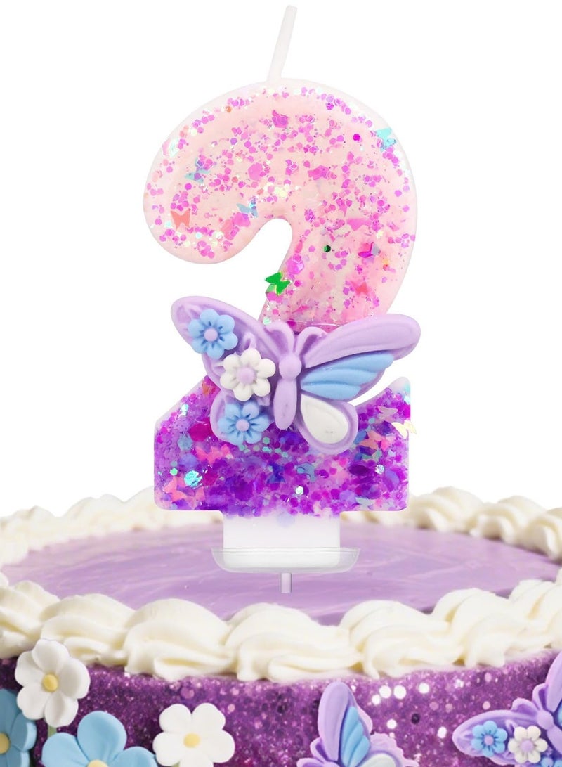 Birthday Candles Butterfly Birthday Candles for Cake Glitter Number 2 Candle Cake Topper with Sequins  - Image 1