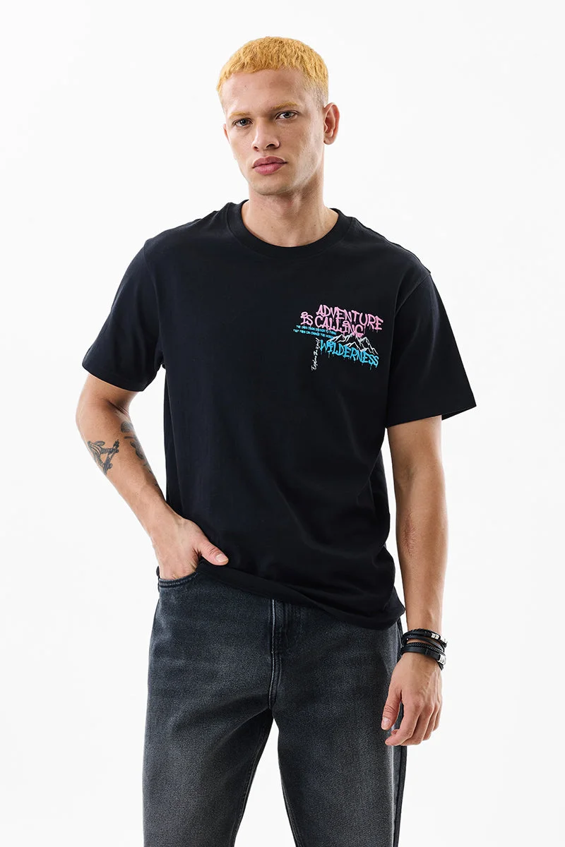 SNITCH Slim Fit Cotton Adventure Black T-Shirt