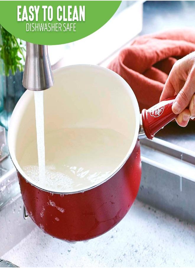GreenLife GreenLife Soft Grip Healthy Ceramic Nonstick, 1QT and 2QT Saucepan Pot Set with Lids, PFAS-Free, Dishwasher Safe, Red 