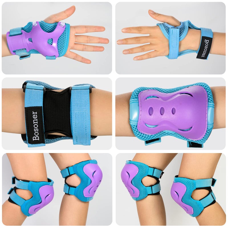 Bosoner Knee Pads for Kids Roller-Skating - Adjustable Protective Gear Set Knee Elbow Pads Wrist Guards for Bike Cycling Skateboarding Scooter Gifts 3-7 / 8-14 Years Boys Girls (Blue Purple) - Image 3