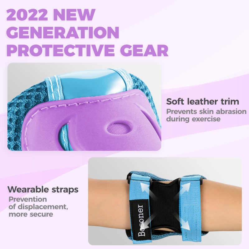Bosoner Knee Pads for Kids Roller-Skating - Adjustable Protective Gear Set Knee Elbow Pads Wrist Guards for Bike Cycling Skateboarding Scooter Gifts 3-7 / 8-14 Years Boys Girls (Blue Purple) - Image 5