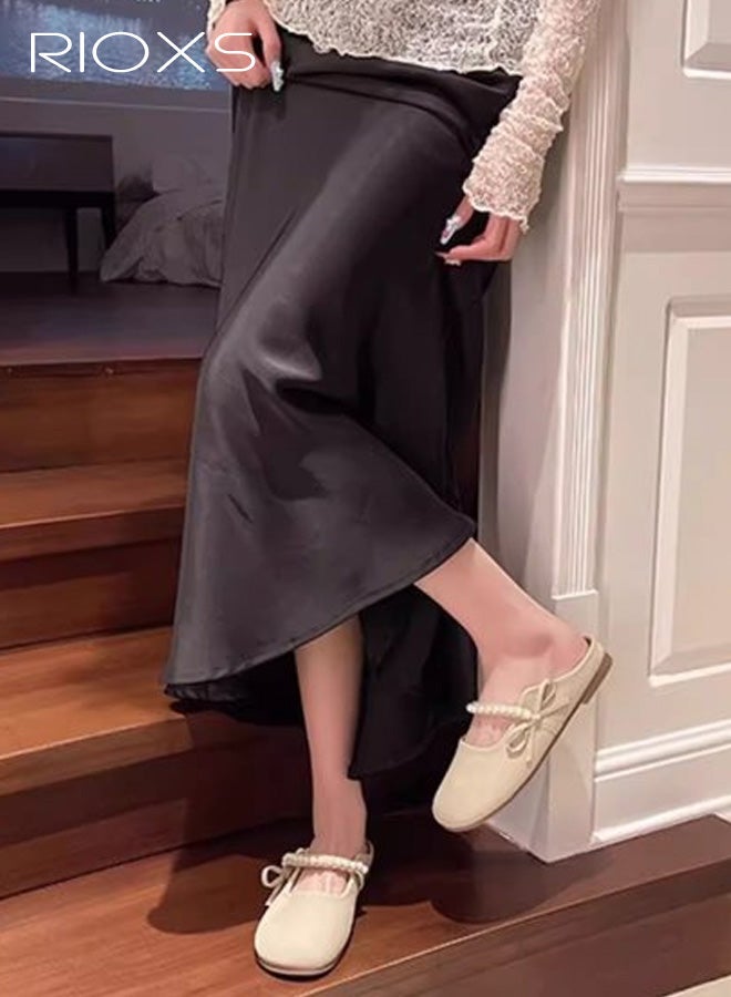 RIOXS Mules for Women, Dressy Mary Jane Shoes Mules with Pearl Hook Loop and Bownot, Summer Soft Closed Round Toe Slip On Flats, Casual Backless Sandals Travel Home Commuting, Beige - Image 1