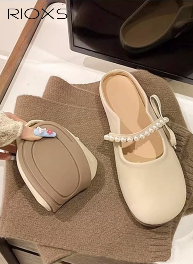 RIOXS Mules for Women, Dressy Mary Jane Shoes Mules with Pearl Hook Loop and Bownot, Summer Soft Closed Round Toe Slip On Flats, Casual Backless Sandals Travel Home Commuting, Beige - Image 3