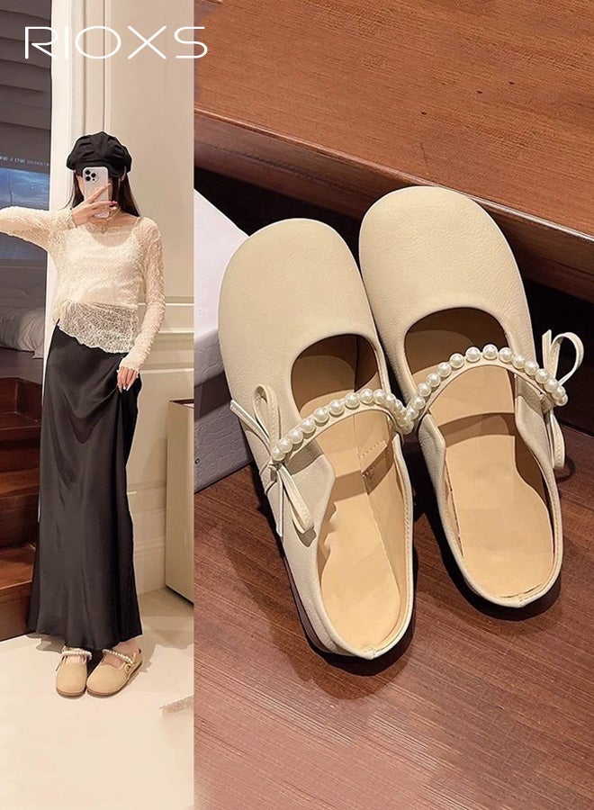 RIOXS Mules for Women, Dressy Mary Jane Shoes Mules with Pearl Hook Loop and Bownot, Summer Soft Closed Round Toe Slip On Flats, Casual Backless Sandals Travel Home Commuting, Beige - Image 4