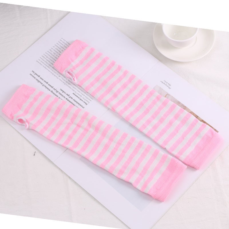 Rainbow Striped Sleeve Gloves Cotton Warmth Pink White 