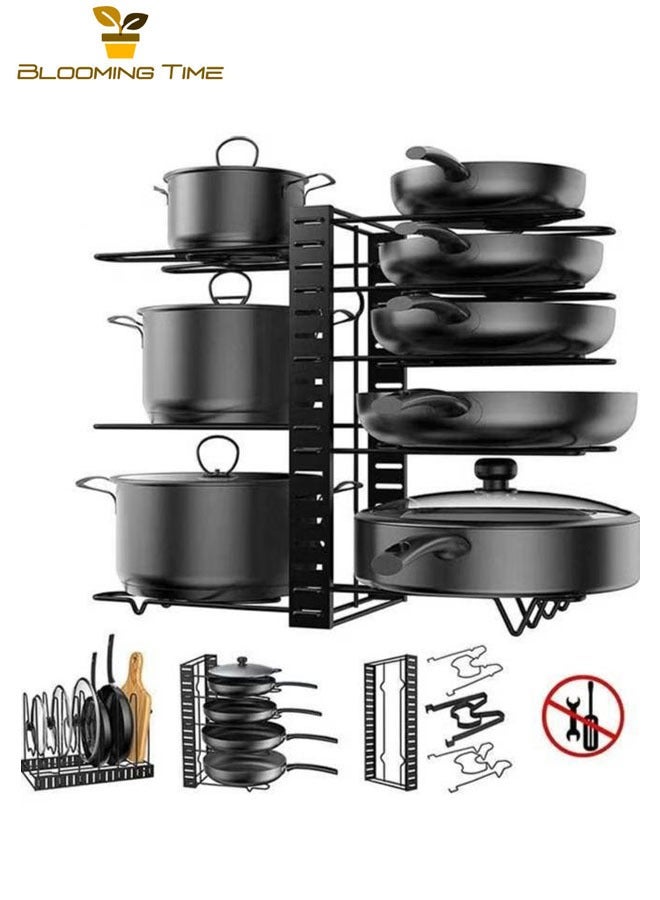 BLOOMING TIME 8 Tiers Adjustable Pots and Pans Rack Organizer, Large Capacity Pot Lid Holders & Pan Rack for Kitchen Cabinet and Counter - Image 1