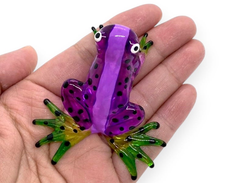 ChangThai Design 2 Purple Green Black Dotted Frog Amphibian Artistic Blown Glass Figurine Premium Statue Tabletop Decoration Unique Collectible for Adult Collectors Handcrafted Elegant Home Decor