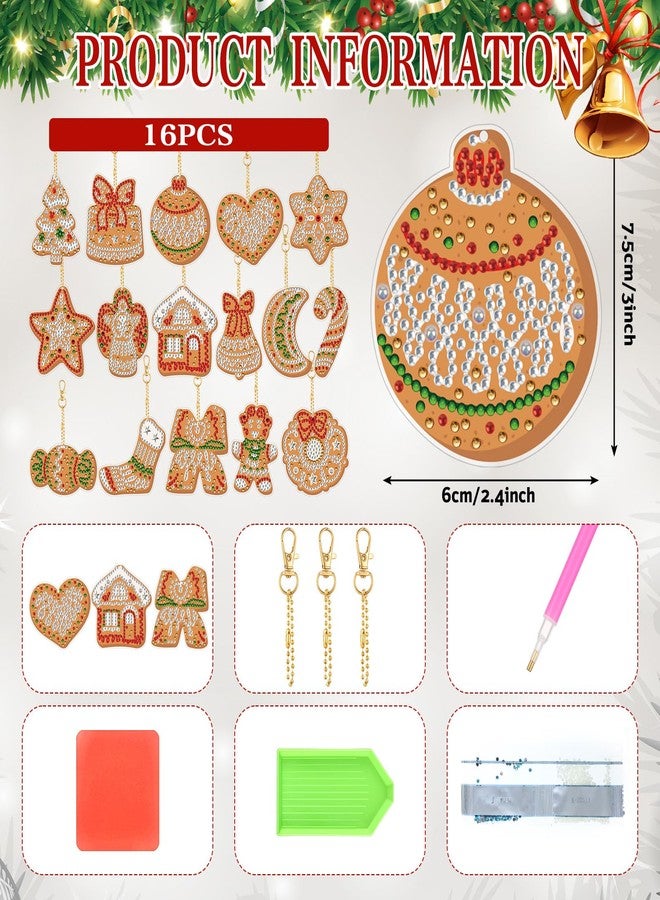 Ecation 16 Pcs Gingerbread Cookie Double Sided Diamond Painting Tree Ornaments Hanging DIY Christmas Ball Keychain Merry Christmas Candy Cane Star Tags 5D Hanging Decor for Xmas Home Office Porch Yard - Image 2