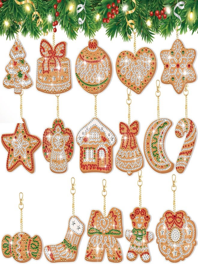 Ecation 16 Pcs Gingerbread Cookie Double Sided Diamond Painting Tree Ornaments Hanging DIY Christmas Ball Keychain Merry Christmas Candy Cane Star Tags 5D Hanging Decor for Xmas Home Office Porch Yard - Image 1