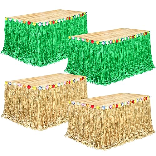 Fovths 4 Pack Luau Grass Table Skirt Natural 9 Feet x 29.5 Inch Hawaiian Table Skirt for Tropical Hawaiian Party Decorations Luau Party Costume Party, Green and Straw Yellow - Image 1