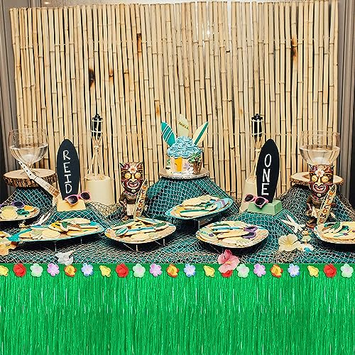 Fovths 4 Pack Luau Grass Table Skirt Natural 9 Feet x 29.5 Inch Hawaiian Table Skirt for Tropical Hawaiian Party Decorations Luau Party Costume Party, Green and Straw Yellow - Image 5