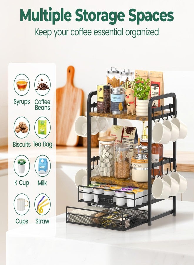 EsLuker.ly Coffee Bar Organizer Station Shelf Mug Holder for Countertop, 4 Tier Mug Holder Stand with 12 Hooks, K Cup Pod Drawer - Image 4