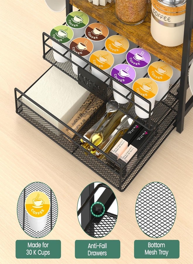 EsLuker.ly Coffee Bar Organizer Station Shelf Mug Holder for Countertop, 4 Tier Mug Holder Stand with 12 Hooks, K Cup Pod Drawer - Image 3