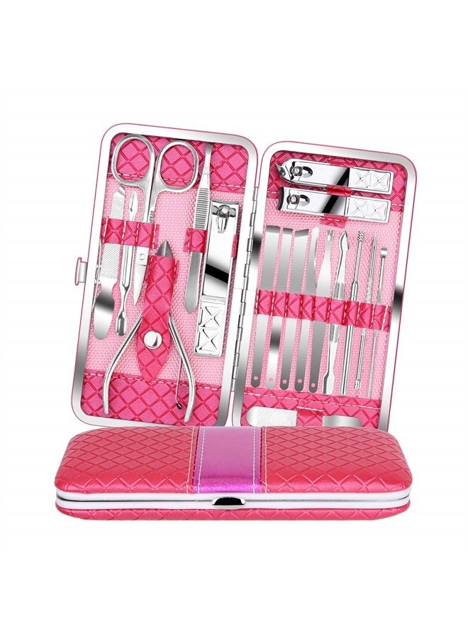 Teamkio 18pcs Manicure Set Pedicure Nail Clippers Set Travel Hygiene Kit Stainless Steel Professional Cutter Care Set Scissor Tweezer Knife Ear Pick Tools Grooming Kits with Leather Case (18pcs, Pink) - Image 1