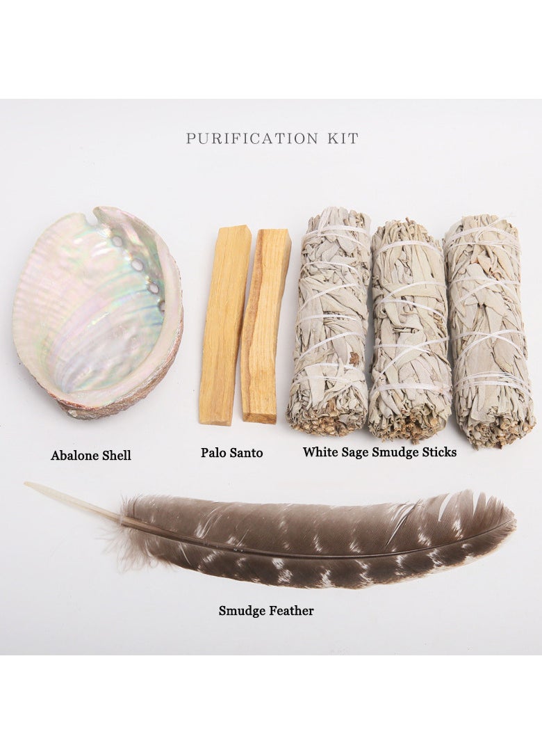 Hihonor - Home Cleansing & Smudging Kit with White Sage, Palo Santo, Abalone Smudge Feather & Guide - Smudge Kit with Sage Smudge Sticks - Image 1