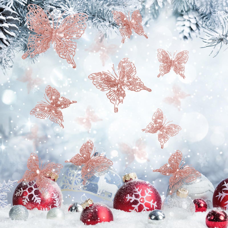 جوتوم jutom 24 pcs عيد الميلاد شجرة الزخارف الفراشة 3 أحجام عيد الميلاد بريق الزخارف الزخارف الفراشة 3D معلقة جدار الفراشة مع مقاطع وسيقان لديكور شجرة عيد الميلاد (الذهب الوردي) - Image 4