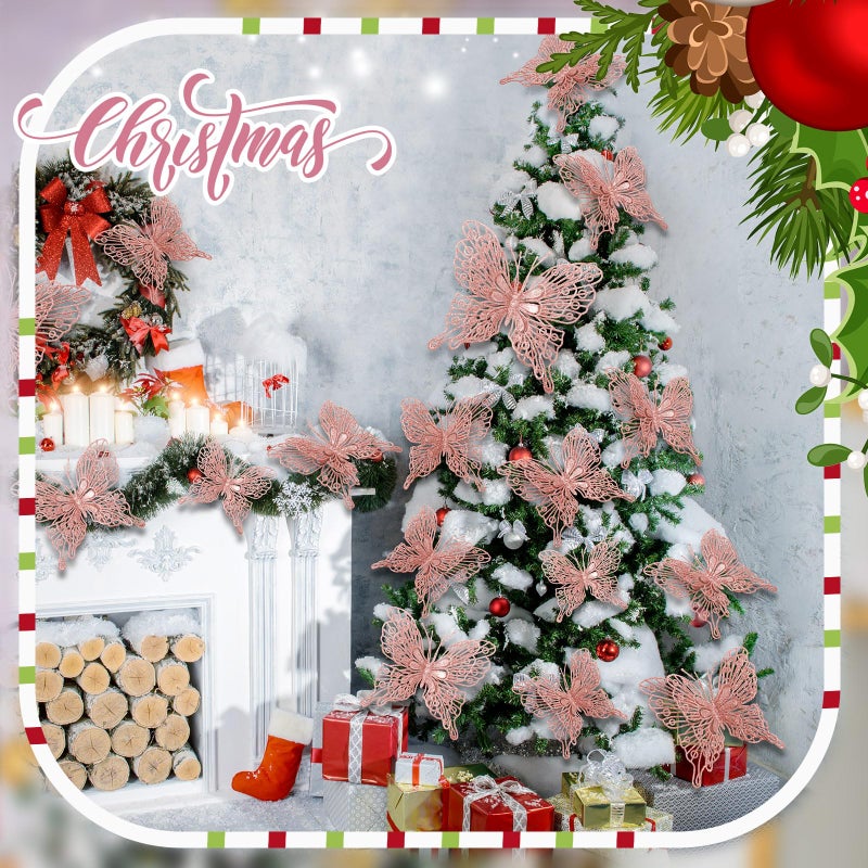 جوتوم jutom 24 pcs عيد الميلاد شجرة الزخارف الفراشة 3 أحجام عيد الميلاد بريق الزخارف الزخارف الفراشة 3D معلقة جدار الفراشة مع مقاطع وسيقان لديكور شجرة عيد الميلاد (الذهب الوردي) - Image 5