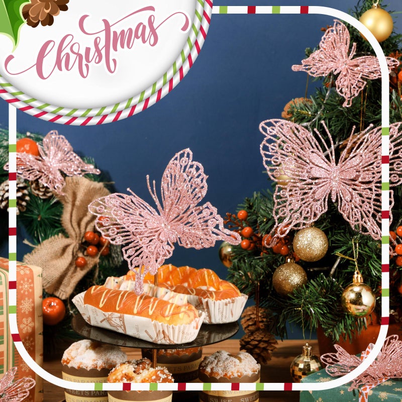 جوتوم jutom 24 pcs عيد الميلاد شجرة الزخارف الفراشة 3 أحجام عيد الميلاد بريق الزخارف الزخارف الفراشة 3D معلقة جدار الفراشة مع مقاطع وسيقان لديكور شجرة عيد الميلاد (الذهب الوردي) - Image 3