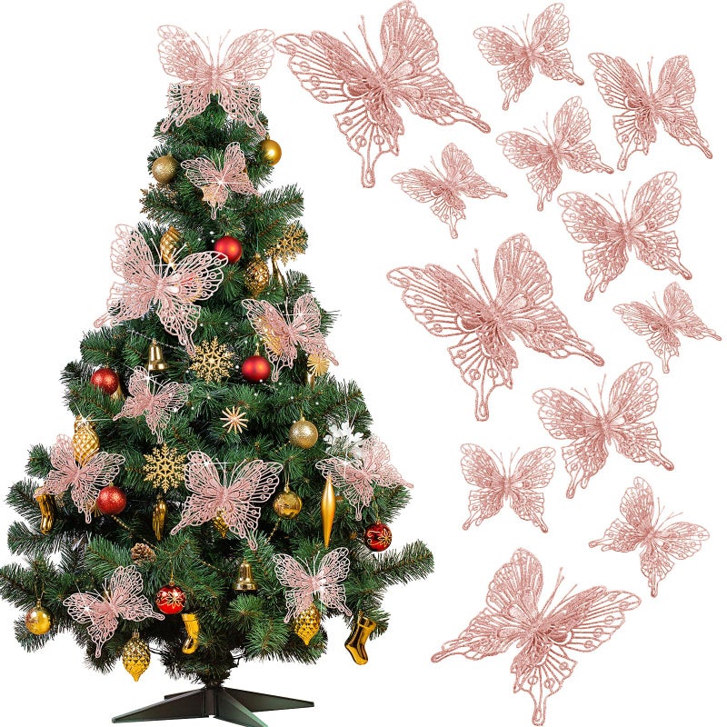 جوتوم jutom 24 pcs عيد الميلاد شجرة الزخارف الفراشة 3 أحجام عيد الميلاد بريق الزخارف الزخارف الفراشة 3D معلقة جدار الفراشة مع مقاطع وسيقان لديكور شجرة عيد الميلاد (الذهب الوردي) - Image 1