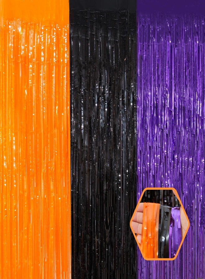 Heaubls 3 Pack Orange Purple Black Tinsel Foil Fringe Curtains, Halloween Photo Backdrop Streamers for Birthday Anniversary Party Decoration - Image 1