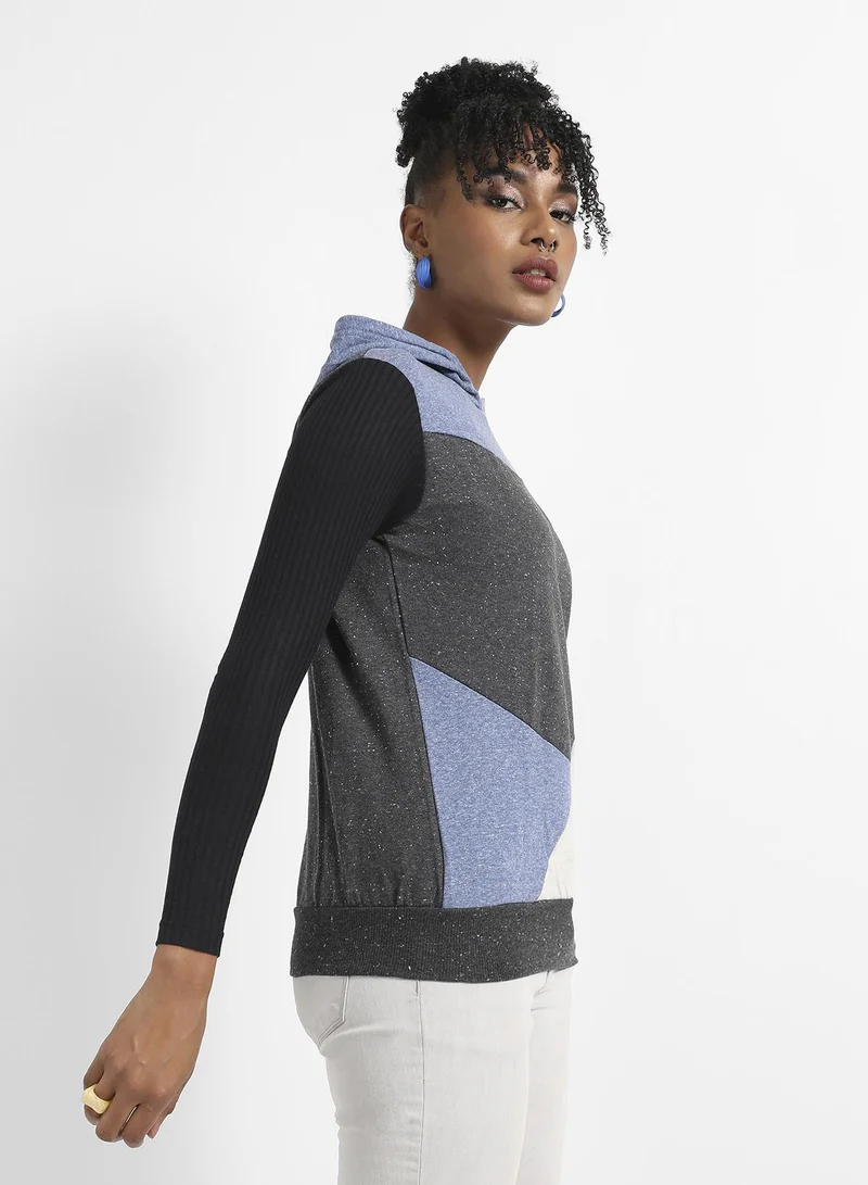 Pinacolada  Women's Multicolour Colourblock Hoodie With Ribbed Sleeves for Women | Best Price UAE