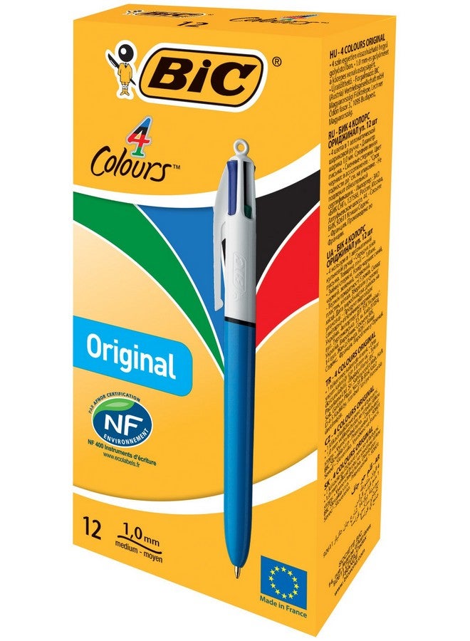 Bic 4 Colours Original Pens Multi Coloured Pens All In One Retractable Ballpoint Biro Pens Green Blue Red Black 12 Pens Per Pack 1 Pack