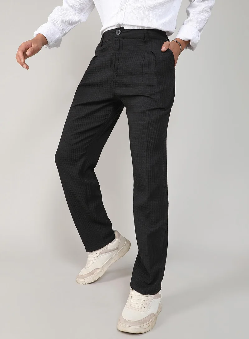 Campus Sutra Men's Charcoal Black Textured Graph Check Trousers