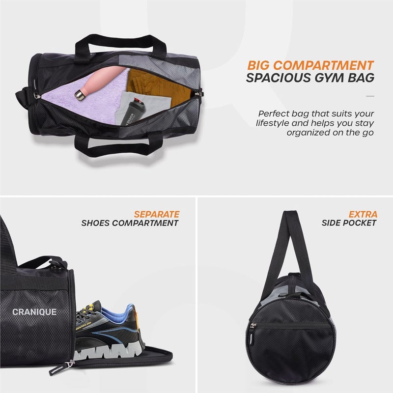 Cranique 23L Duffle Gym Bag with Shoe Compartment Shoulder Strap | Gym Bag for Men & Women | Gym Duffel Bag | Sports Bag | Kit Bag (Black & Grey) - Image 2
