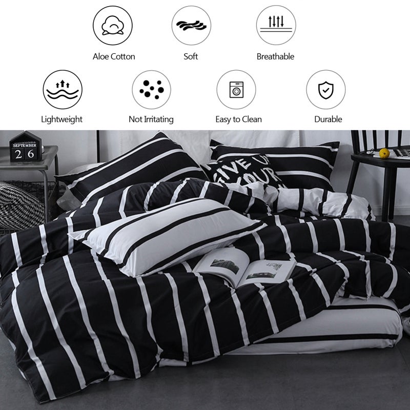 Aloe Cotton Bedding Set Black White Striped Soft Lightweight - Zipper Closure Easy To Clean Minimalist Design for Bedroom Dormitory Home Use - Image 5