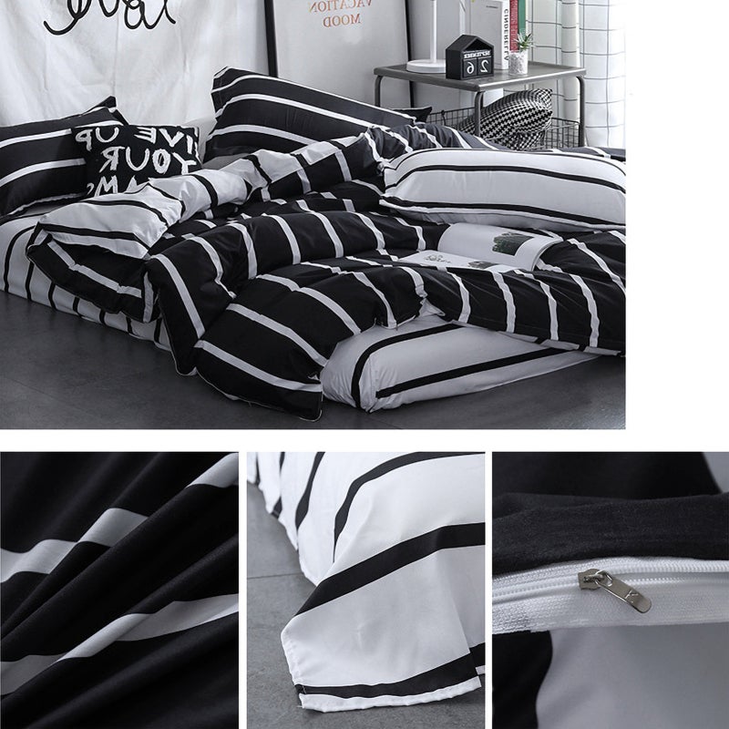 Aloe Cotton Bedding Set Black White Striped Soft Lightweight - Zipper Closure Easy To Clean Minimalist Design for Bedroom Dormitory Home Use - Image 4