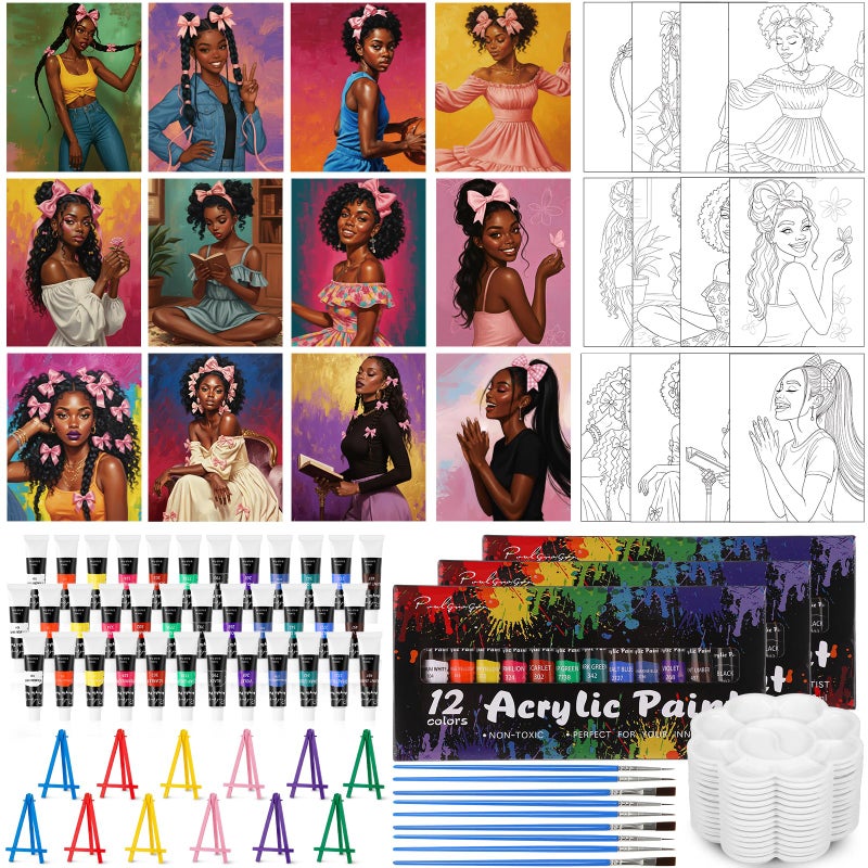 Sherr 108 Pcs 12 Set Black Girl Sip and Paint Kit for Adults 8''x10'' Pre Drawn Canvas to Paint DIY Acrylic Painting Kit Pre Printed Canvas for Date Night Mother's Day Party Team Building - Image 1
